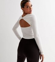 New Look Cream Ribbed Twist Open Back Long Sleeve Top